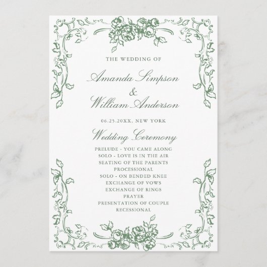 Renaissance Verziert Sage Green Wedding Zeremonie Programm (Vorderseite)