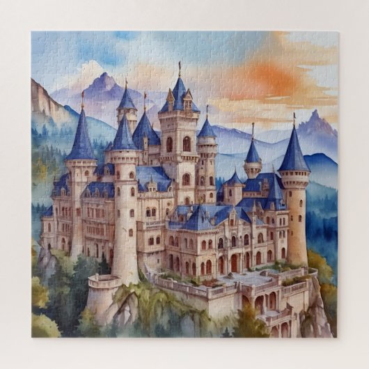 Renaissanceschloss in den Bergen. AI-Technologie Puzzle (Vertikal)