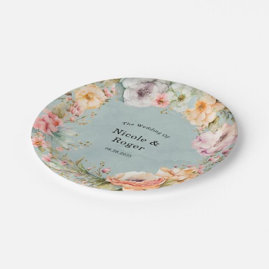 Renew Blue and Spring Peony Chic Wedding Pappteller (Schrägansicht)