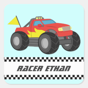 Renn-Feuerroter-Monstertruck, für Jungen Quadratischer Aufkleber
