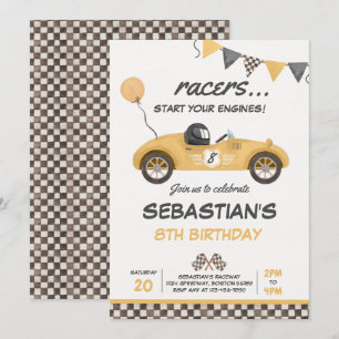 Rennauto-Geburtstag Gelb Vintage-Rennsport-Geburts Einladung