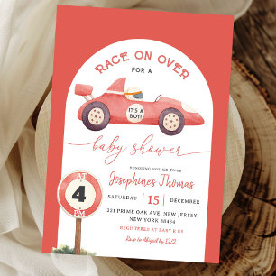 Rennen auf rotem Vintage-Rennwagen-Baby-Shower Einladung