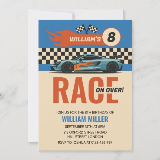 Rennen auf über Coolen Rennwagen Jungs zum Geburts Einladung (Vorderseite)