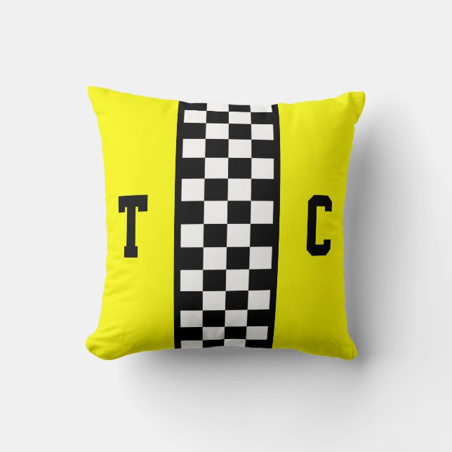 Rennen-Auto-Checkered Muster-Gelb mit Monogramm Kissen (Vorderseite)