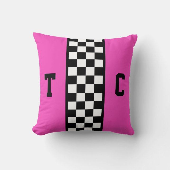 Rennen-Auto-Checkered Muster-Rosa mit Monogramm Kissen (Vorderseite)