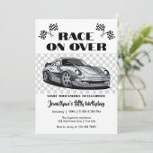 Rennen über Silver Modern Race Car jedes Alter Einladung (Stehend Vorderseite)