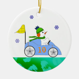 Rennfahrer-Schneemann Keramik Ornament