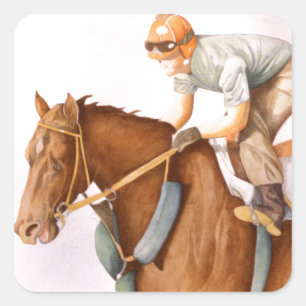 Rennpferd und Jockey Quadratischer Aufkleber