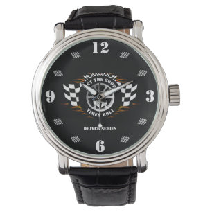 Rennsport-Auto-Lenkrad Schachbrettflagge Flammen P Armbanduhr