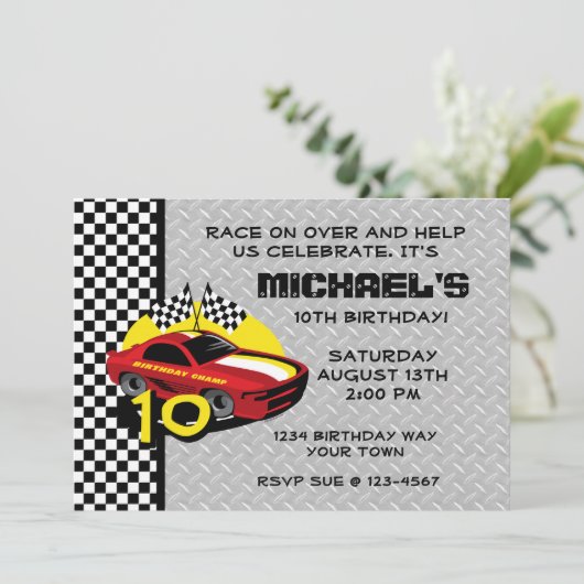 Rennwagen 10. Geburtstag Einladung (Stehend Vorderseite)