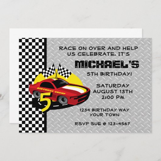 Rennwagen 5. Geburtstagsparty Einladung (Vorne/Hinten)