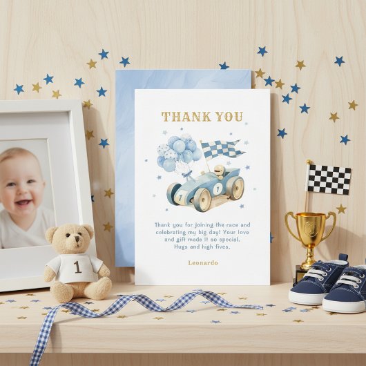 Rennwagen Blau Aquarell Junge Erster Geburtstag  Dankeskarte