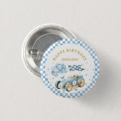 Rennwagen Blaue Karoflagge Junge Erster Geburtstag Button (Vorne & Hinten)