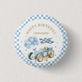 Rennwagen Blaue Karoflagge Junge Erster Geburtstag Button (Vorderseite)