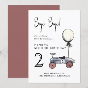 Rennwagen-Einladung Rot 2. Geburtstag Vintage  Einladung