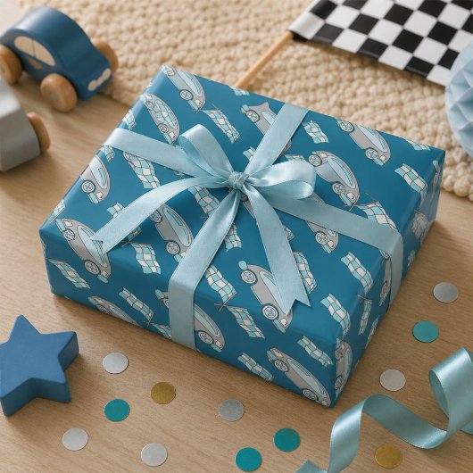 Rennwagen Flaggenblau Kids-Muster Geschenkpapier