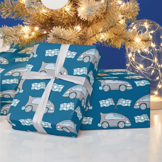 Rennwagen Flaggenblau Kids-Muster Geschenkpapier (Feiertage)