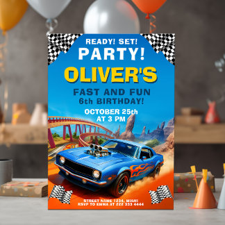 Rennwagen Geburtstag, Blaues Muskeln Party Einladung