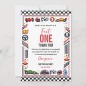 Rennwagen-Junge 1. Geburtstagsfeier Dankeskarte (Vorderseite)