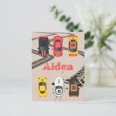 Rennwagen mit Reifenspuren Personalisiert Postkarte (Stehend Vorderseite)