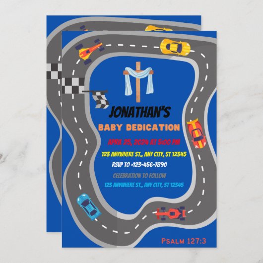 Rennwagen Racetrack Baby Boy Dedication Einladung (Vorne/Hinten)