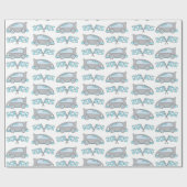 Rennwagen und Flaggen auf weißem Muster Geschenkpapier (Flach)