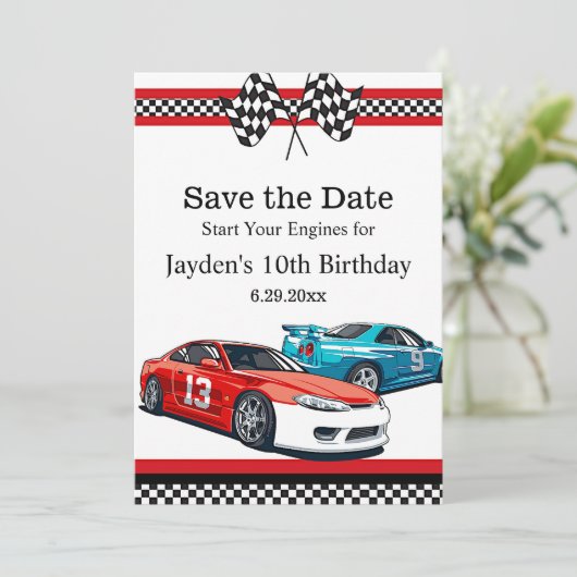 Rennwagen zum Geburtstag, Save the Date (Stehend Vorderseite)
