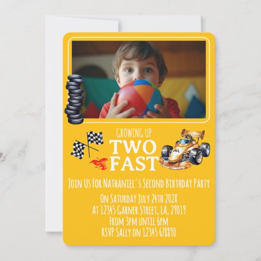 Rennwagen Zweijährige Foto Party Einladung (Vorderseite)