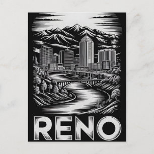 Reno Nevada Skyline Schwarz Weiß Holzschnitt Feiertagspostkarte