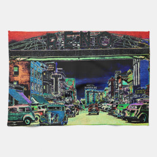 RENO NEVADA VINTAGE FARBENFROHE Aquarell-KUNST Geschirrtuch
