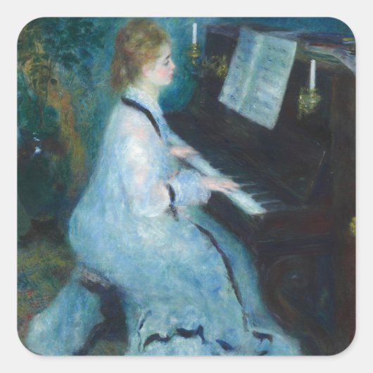 Renoir Frau am Piano Vintage Impressionistin Quadratischer Aufkleber (Vorderseite)