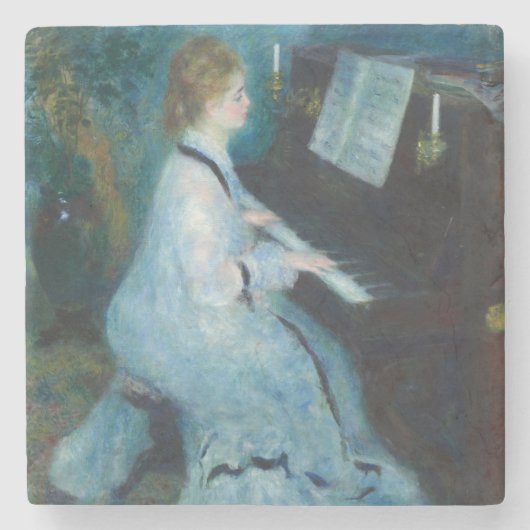 Renoir Frau am Piano Vintage Impressionistin Steinuntersetzer (Vorderseite)
