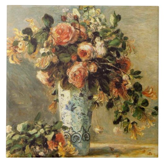 Renoir-Rose und Jasmine in einer Delft-Vase Fliese (Vorderseite)