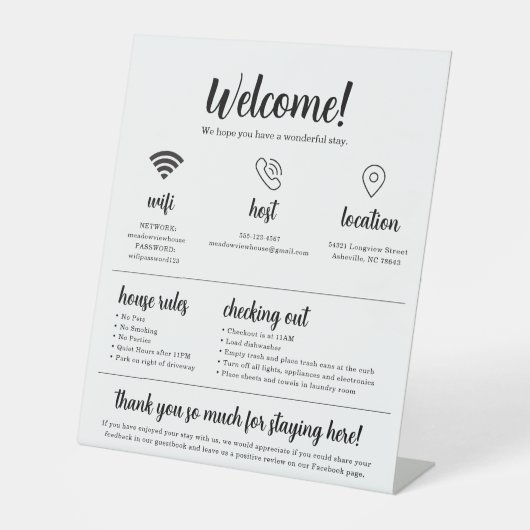 Rental Welcome Sign, Editable Airbnb Tabletop Sign Sockelschild (Vorderseite)