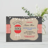 Rente GRILLEN Karo Chalk Burlap Rote Einladung (Stehend Vorderseite)