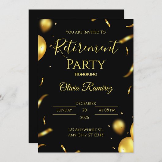 Rente in Schwarz und Gold Einladung (Vorne/Hinten)
