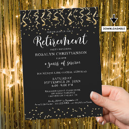 Rente Party Black Gold Confetti Script Einladung