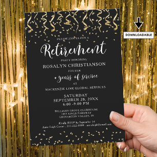 Rente Party Black Gold Confetti Script Einladung