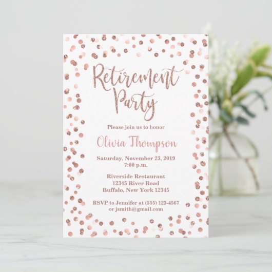 Rente Party Einladung Rose Gold Confetti (Stehend Vorderseite)