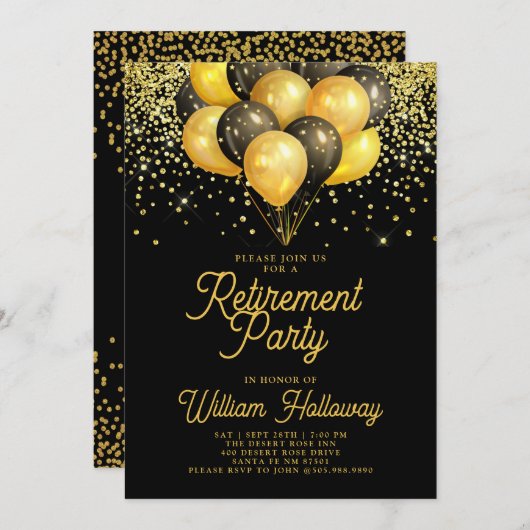 Rente Party Gold Black Balloons Black Einladung (Vorne/Hinten)
