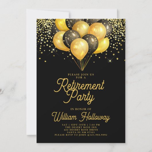 Rente Party Gold Black Balloons Black Einladung (Vorderseite)