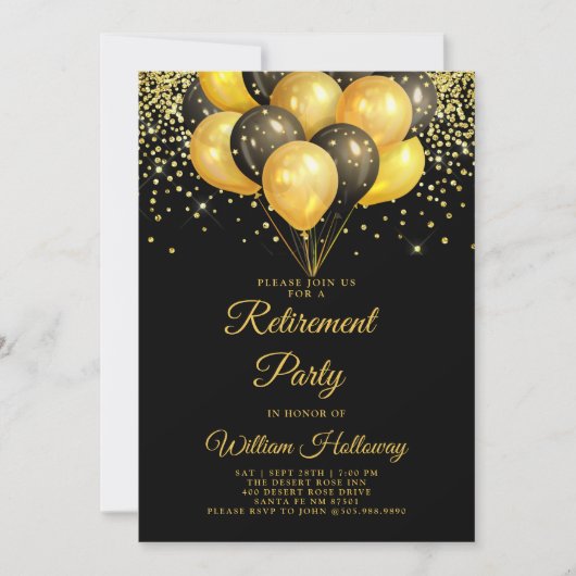 Rente Party Gold Black Balloons Black Einladung (Vorderseite)