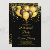 Rente Party Gold Black Balloons Black Einladung (Vorne/Hinten)