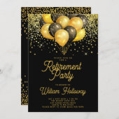 Rente Party Gold Black Balloons Confetti Einladung (Vorne/Hinten)