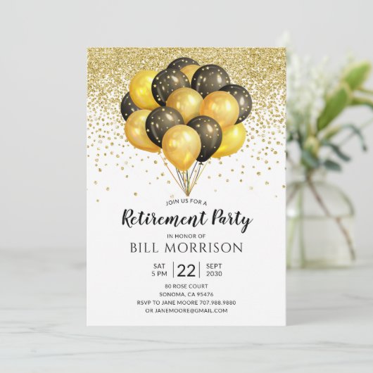 Rente Party Gold Black Balloons Confetti Einladung (Stehend Vorderseite)
