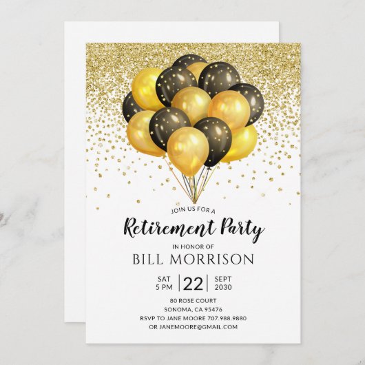 Rente Party Gold Black Balloons Confetti Einladung (Vorne/Hinten)