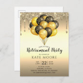 Rente Party Gold Black Balloons Glitzer Tropfen Ankündigungspostkarte (Vorne/Hinten)