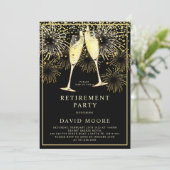 Rente Party Gold Black Confetti Champagne Einladung (Stehend Vorderseite)