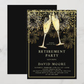 Rente Party Gold Black Confetti Champagne Einladung (Vorne/Hinten)