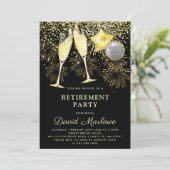 Rente Party Gold Black Confetti Champagne Einladung (Stehend Vorderseite)